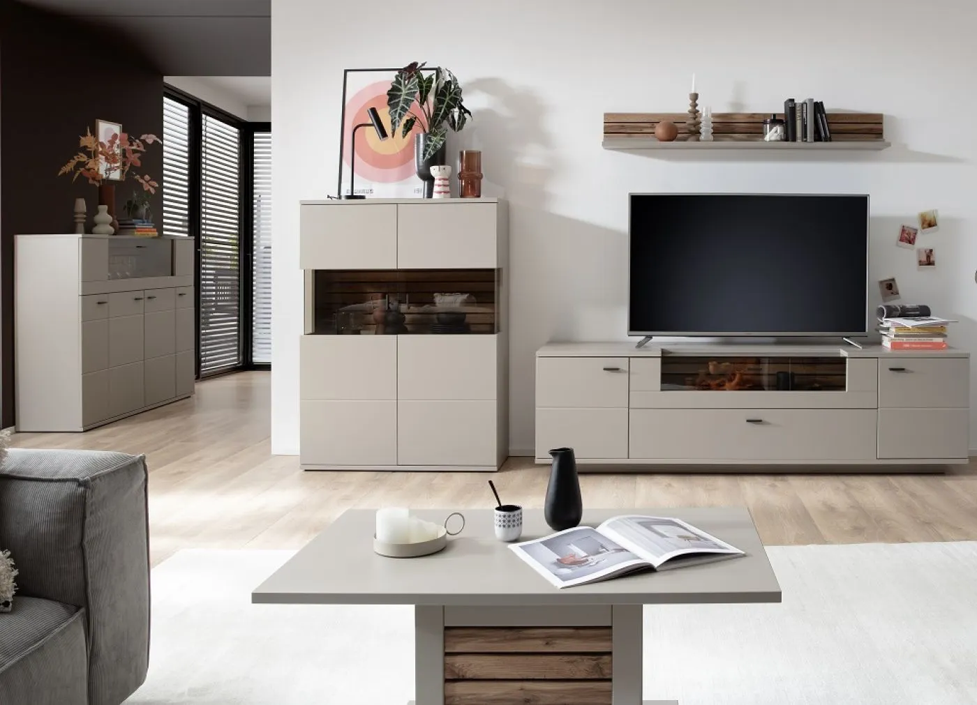 Wohnkombination Lüttich 2 | Basalt / Wotan Eiche | 3-teilig | Highboard & Wandboard mit Bandbeleuchtung