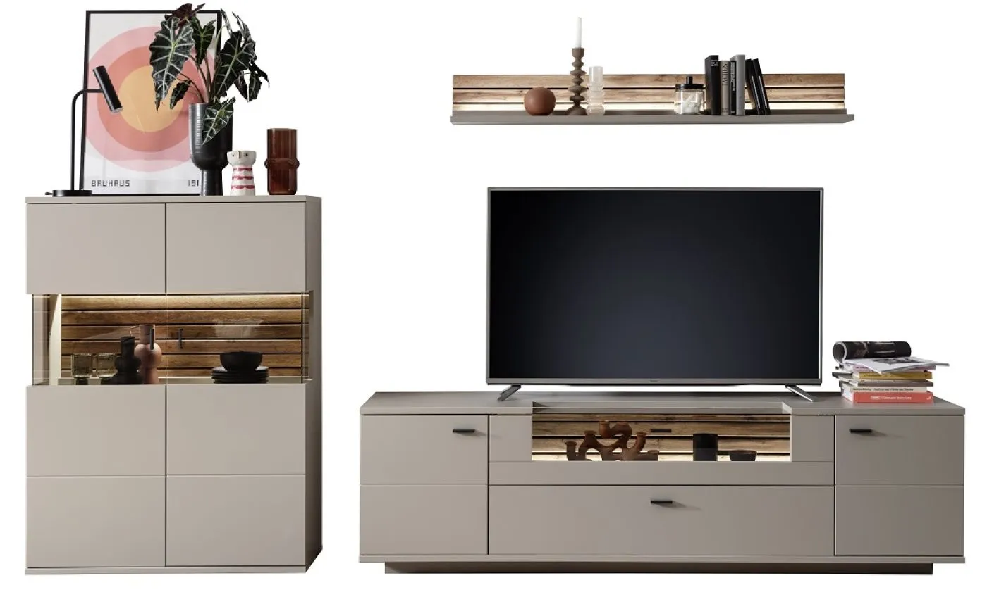 Wohnkombination Lüttich 2 | Basalt / Wotan Eiche | 3-teilig | optional LED Beleuchtung