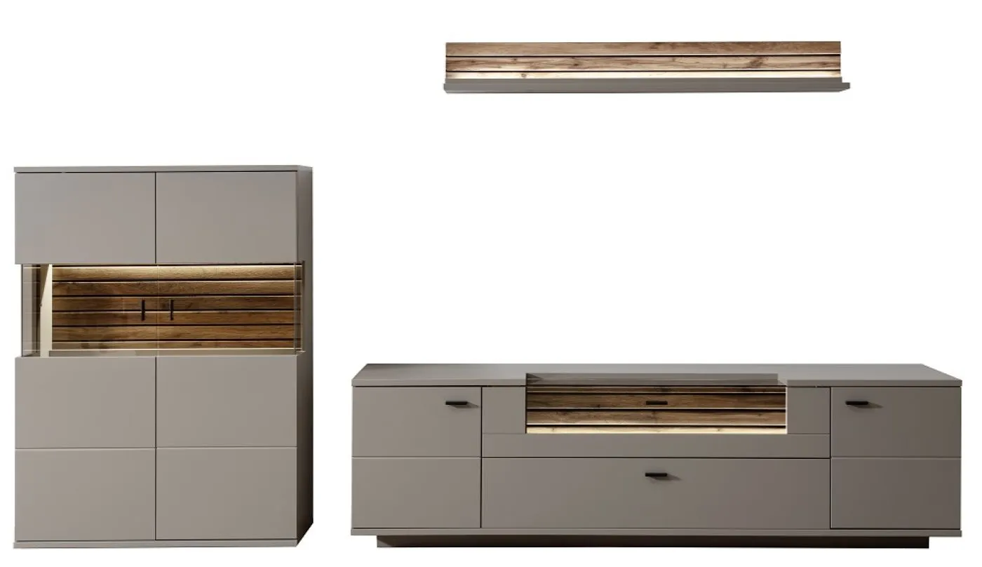 Wohnkombination Lüttich 2 | Basalt / Wotan Eiche | 3-teilig | optional LED Beleuchtung