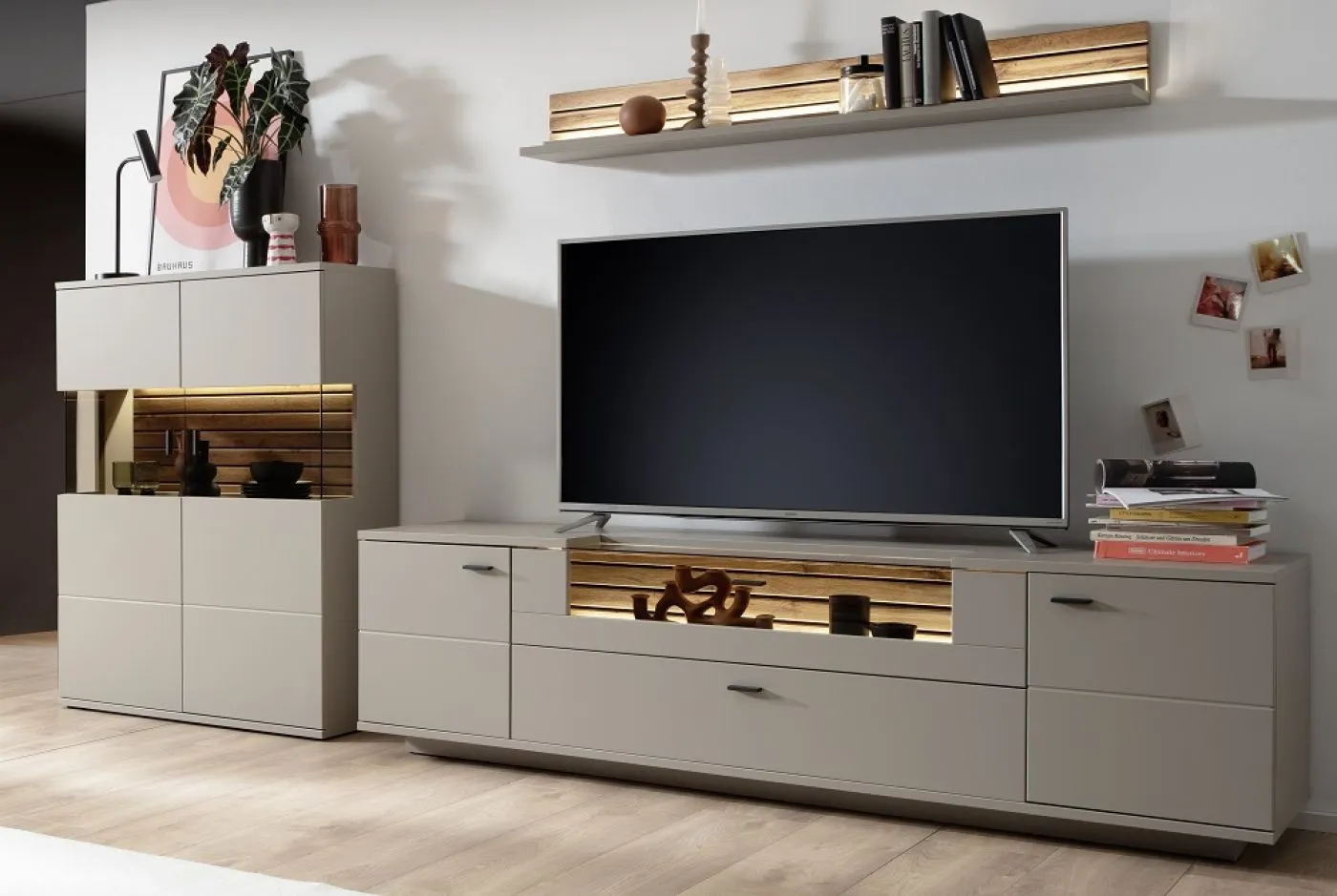 Wohnkombination Lüttich 2 | Basalt / Wotan Eiche | 3-teilig | optional LED Beleuchtung