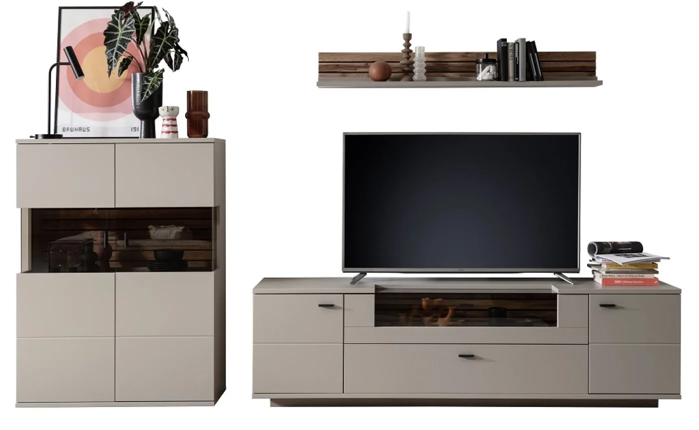 Wohnkombination Lüttich 2 | Basalt / Wotan Eiche | 3-teilig | Wandboard mit Bandbeleuchtung