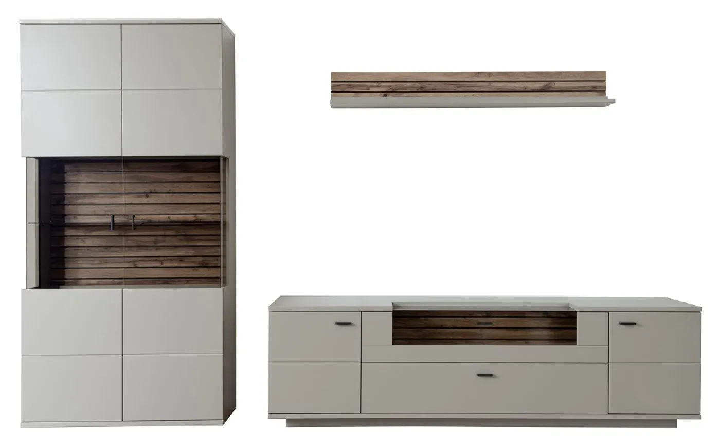Wohnkombination Lüttich 3 | Basalt / Wotan Eiche | 3-teilig | Kombi-Vitrine & TV-Board mit Bandbeleuchtung