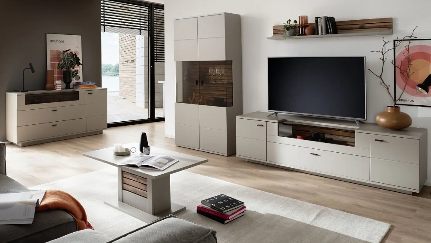 Wohnkombination Lüttich 3 | Basalt / Wotan Eiche | 3-teilig | Kombi-Vitrine & TV-Board mit Bandbeleuchtung