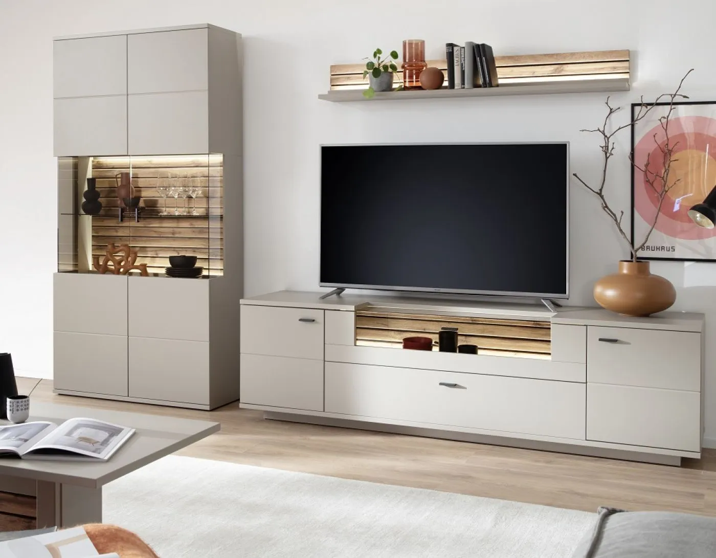 Wohnkombination Lüttich 3 | Basalt / Wotan Eiche | 3-teilig | optional LED Beleuchtung