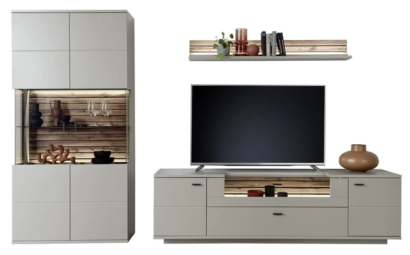 Wohnkombination Lüttich 3 | Basalt / Wotan Eiche | 3-teilig | optional LED Beleuchtung