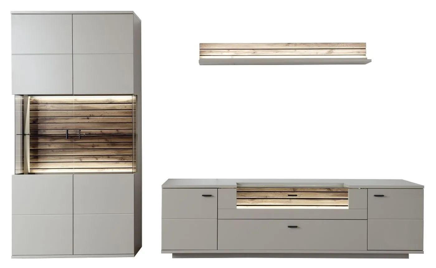 Wohnkombination Lüttich 3 | Basalt / Wotan Eiche | 3-teilig | optional LED Beleuchtung