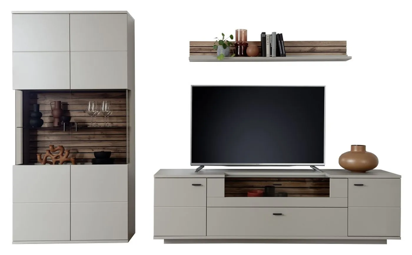 Wohnkombination Lüttich 3 | Basalt / Wotan Eiche | 3-teilig | TV-Board mit Bandbeleuchtung