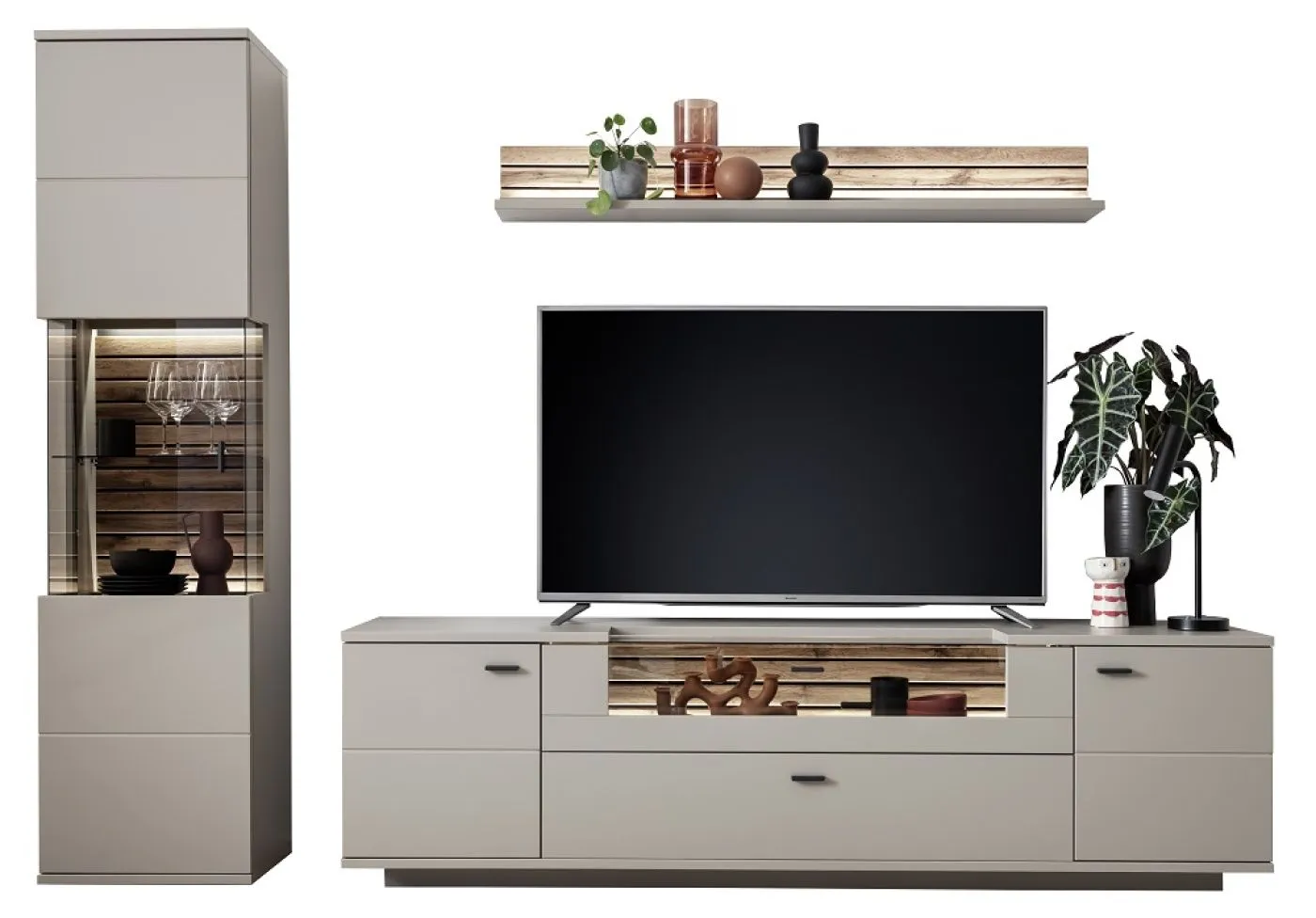 Wohnkombination Lüttich | Basalt / Wotan Eiche | 3-teilig | optional LED Beleuchtung