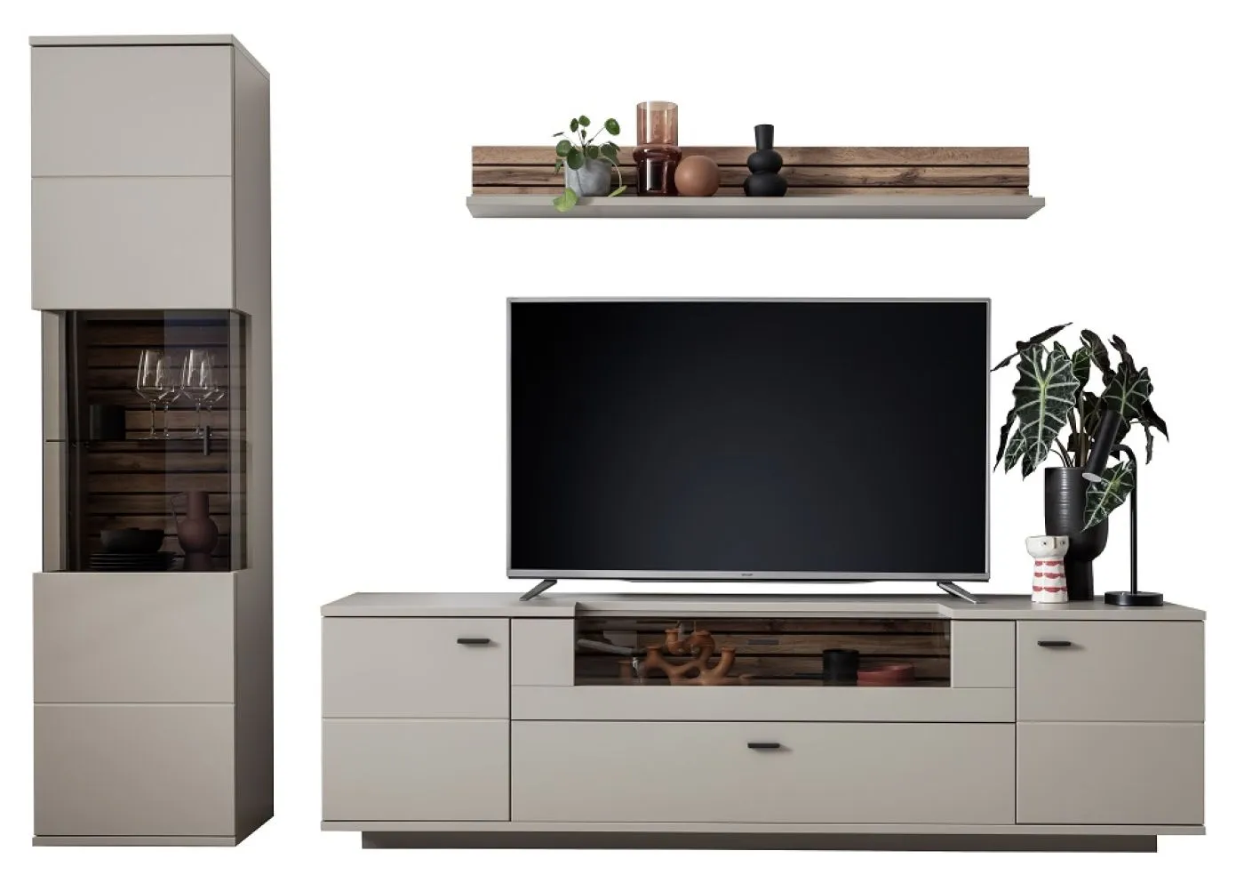 Wohnkombination Lüttich | Basalt / Wotan Eiche | 3-teilig | TV-Board mit Bandbeleuchtung