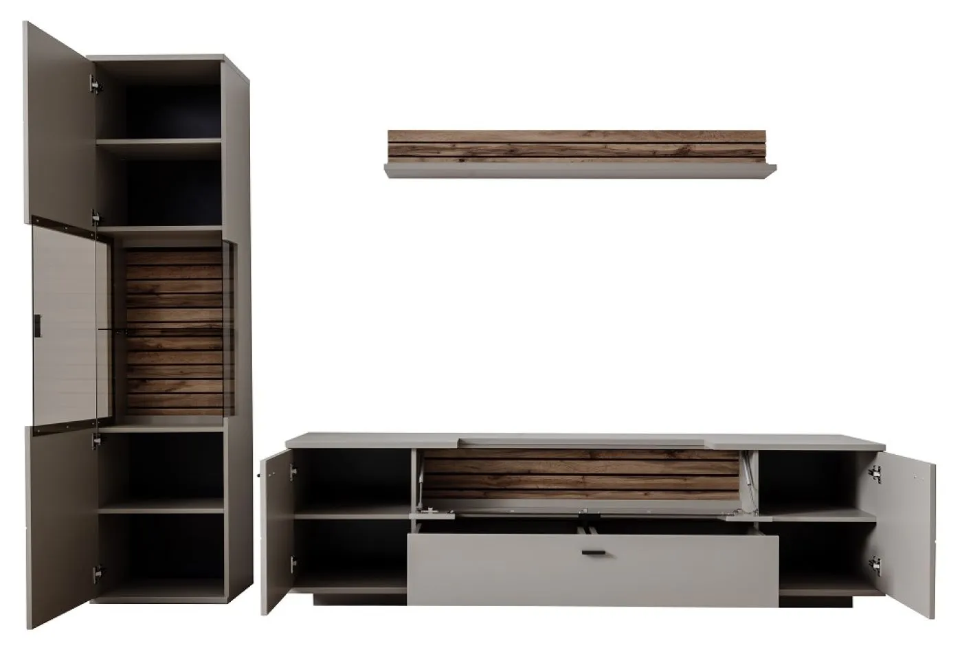 Wohnkombination Lüttich | Basalt / Wotan Eiche | 3-teilig | Vitrine & TV-Board mit Bandbeleuchtung