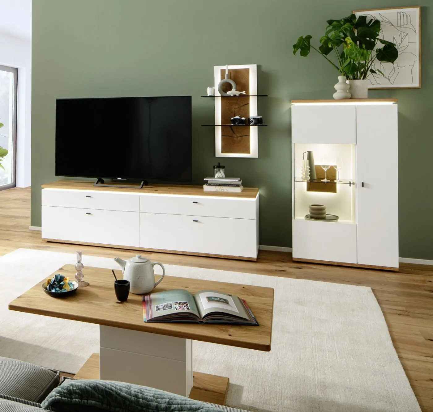 Wohnkombination Matadi 2 | Soft white / Ast-Balkeneiche | 3-teilig | Beleuchtung Komplettset