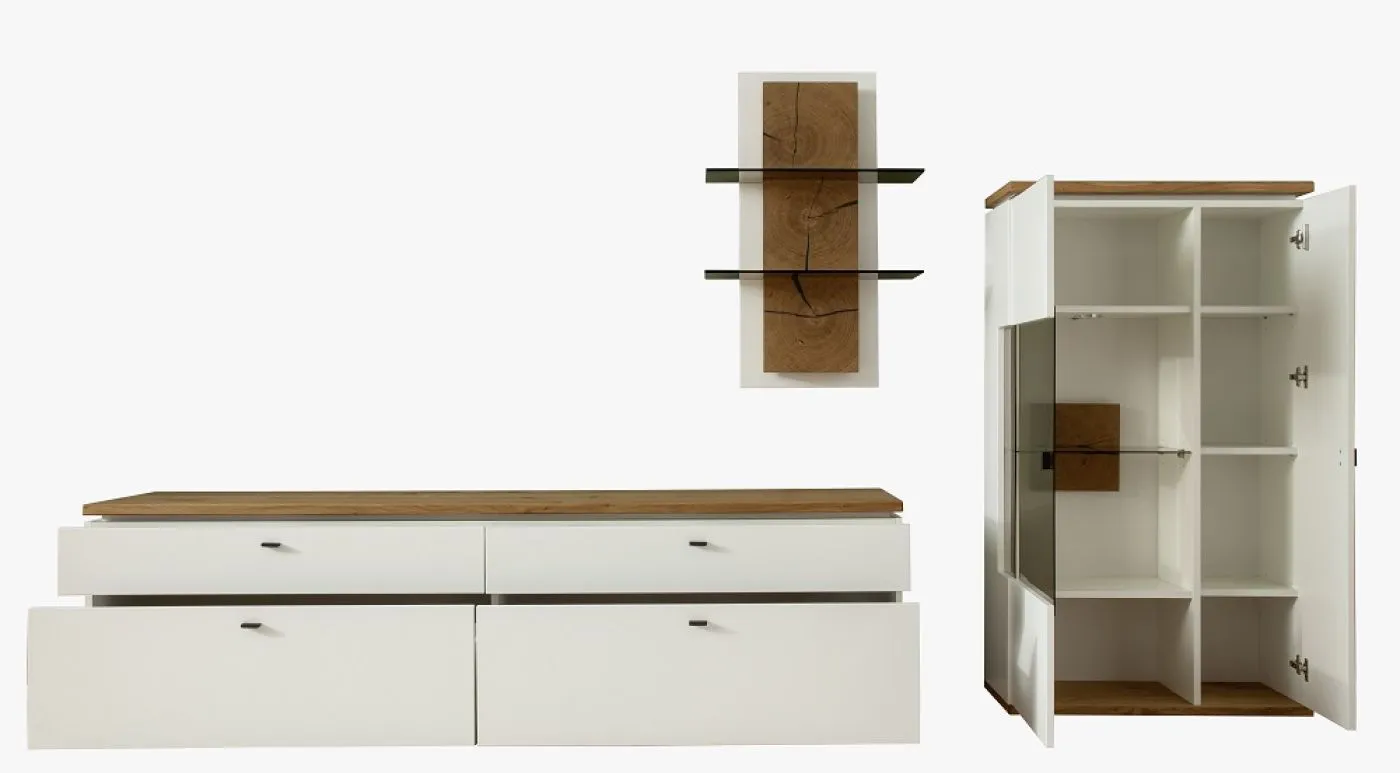 Wohnkombination Matadi 2 | Soft white / Ast-Balkeneiche | 3-teilig | Highboard mit Bandbeleuchtung