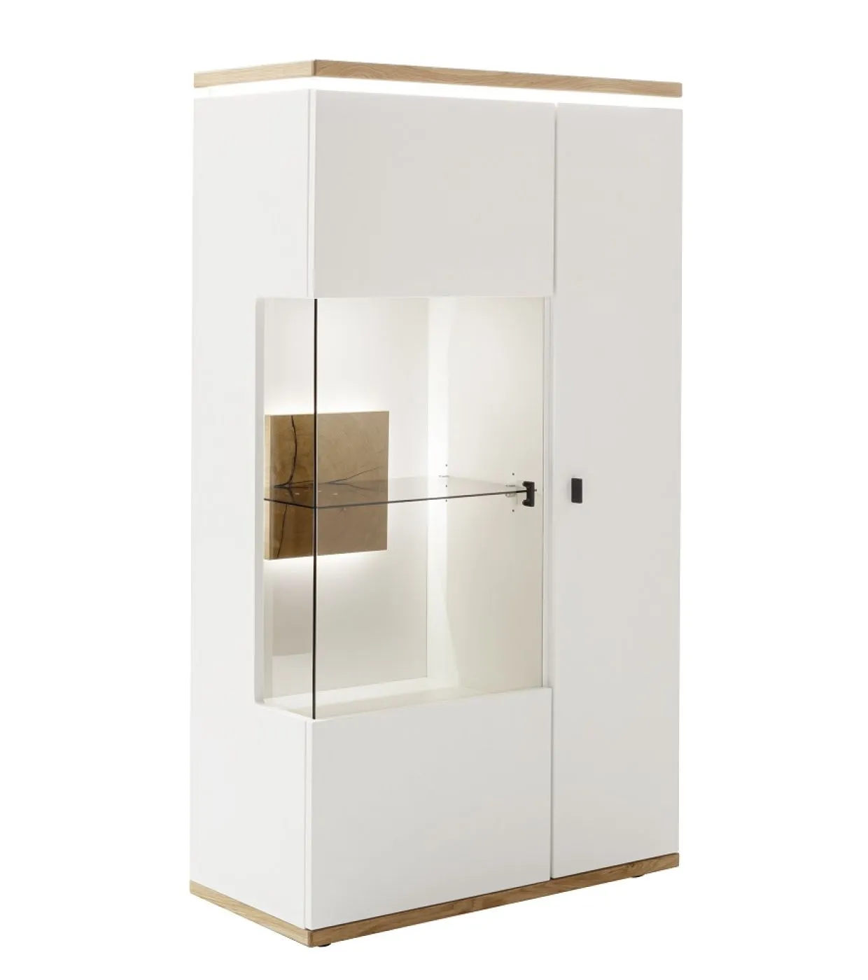 Wohnkombination Matadi 2 | Soft white / Ast-Balkeneiche | 3-teilig | Highboard mit Bandbeleuchtung & Unterbauspot