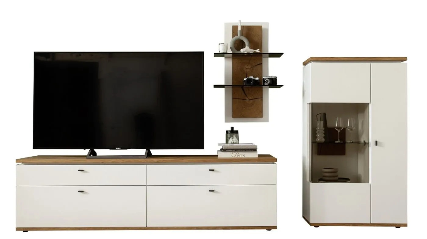 Wohnkombination Matadi 2 | Soft white / Ast-Balkeneiche | 3-teilig | Highboard mit Unterbauspot