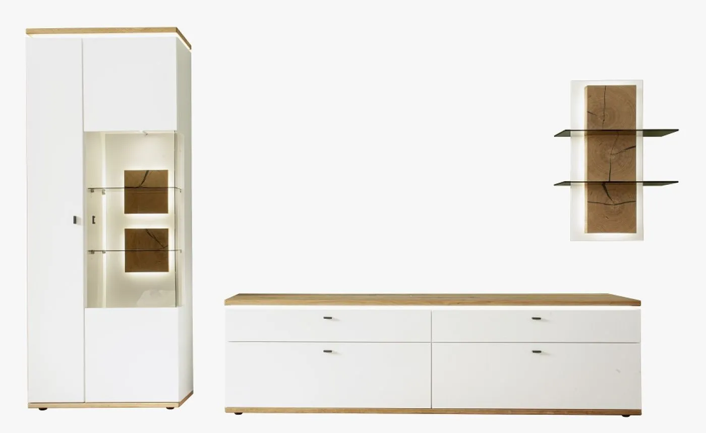 Wohnkombination Matadi 3 | Soft white / Ast-Balkeneiche | 3-teilig | Beleuchtung Komplettset