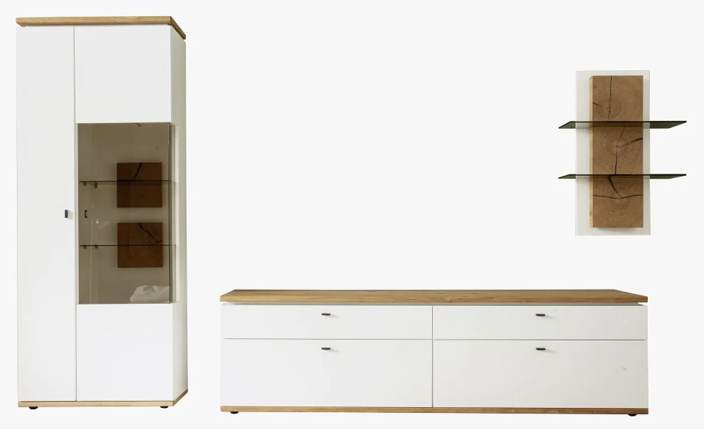 Wohnkombination Matadi 3 | Soft white / Ast-Balkeneiche | 3-teilig | Kombi-Vitrine mit LED Unterbauspot