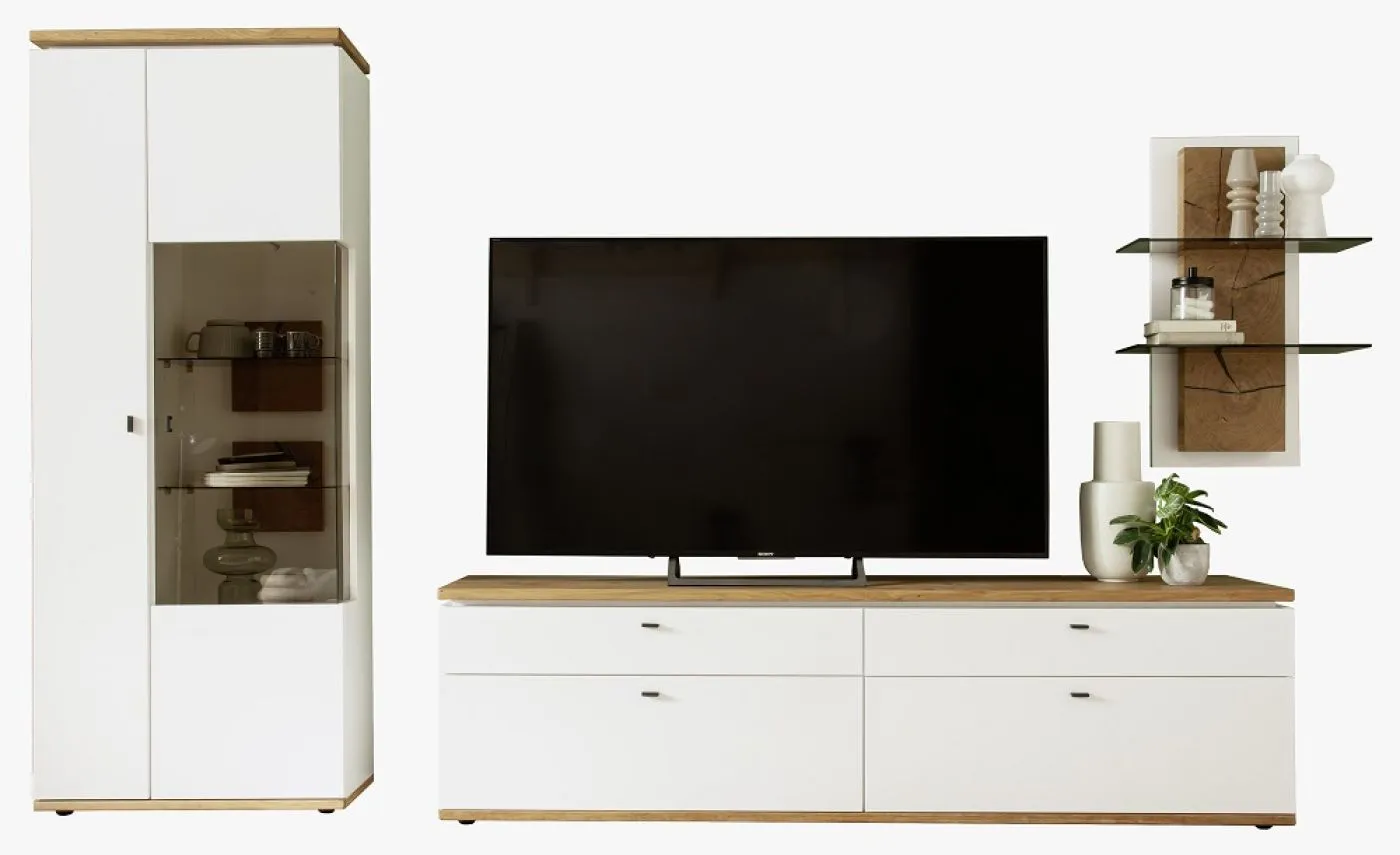 Wohnkombination Matadi 3 | Soft white / Ast-Balkeneiche | 3-teilig | Wandregal mit Bandbeleuchtung