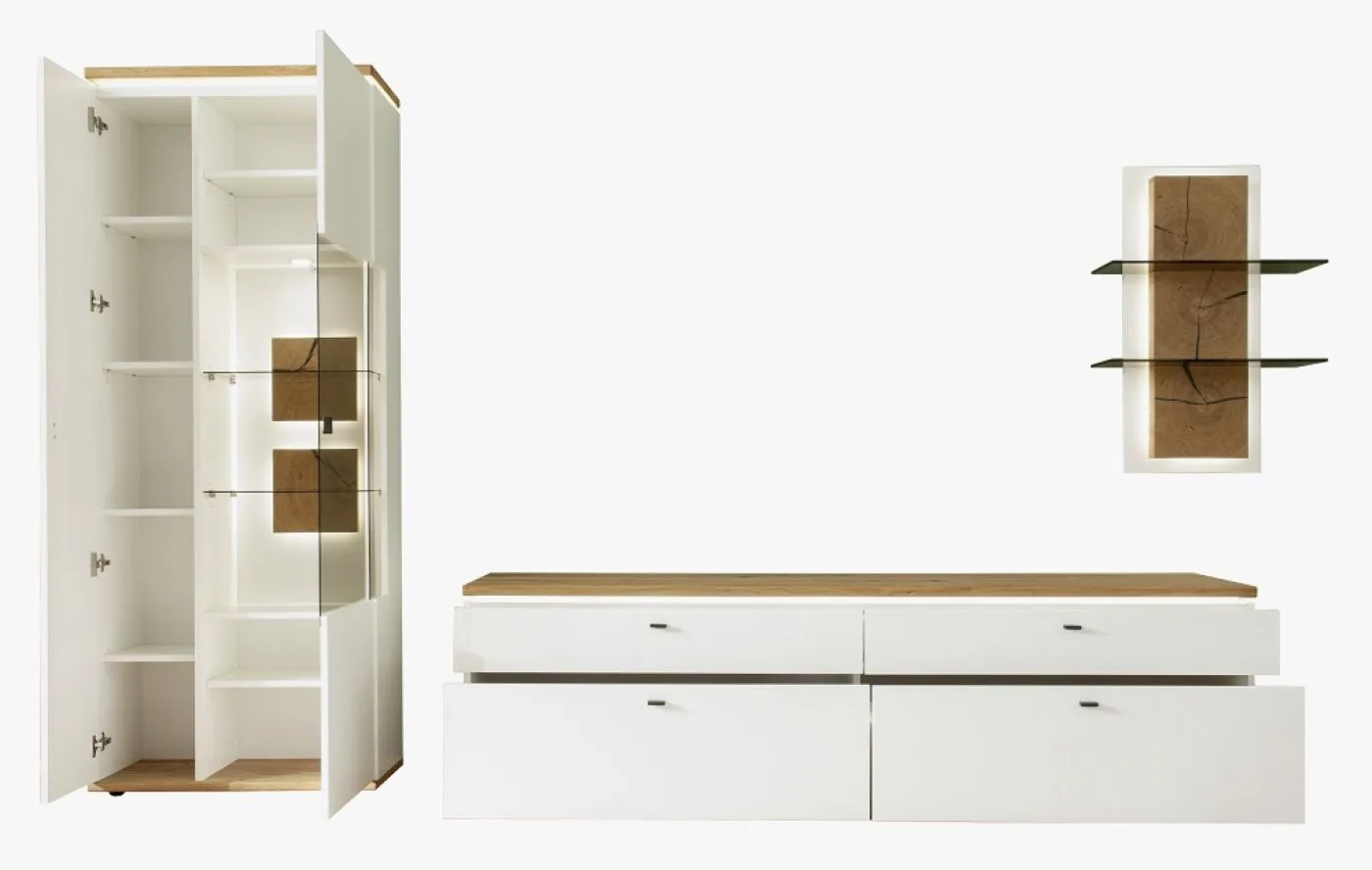 Wohnkombination Matadi 3 | Soft white / Ast-Balkeneiche | 3-teilig | Wandregal mit Bandbeleuchtung | Kombi-Vitrine mit LED Unterbauspot