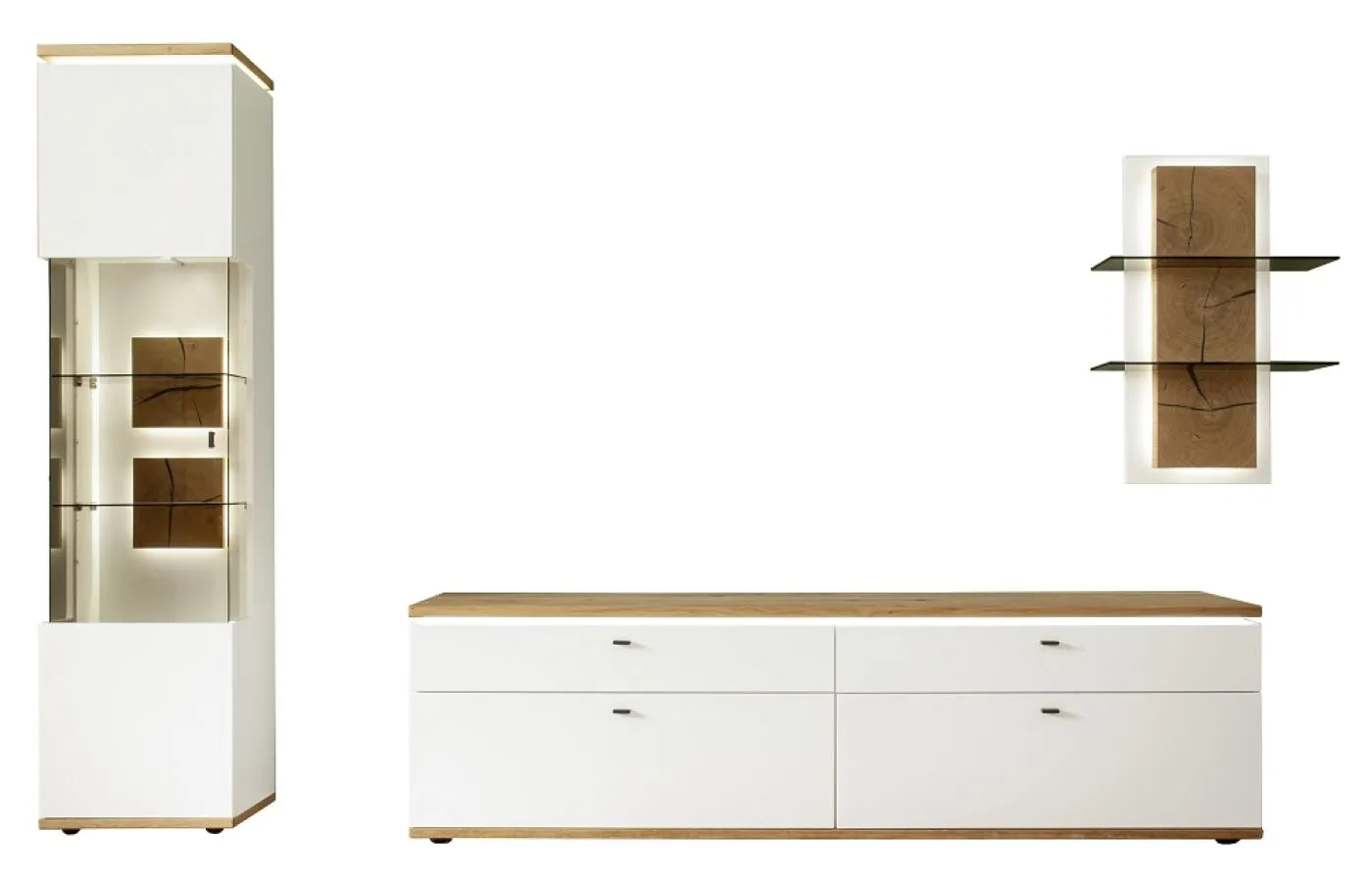 Wohnkombination Matadi | Soft white / Ast-Balkeneiche | 3-teilig