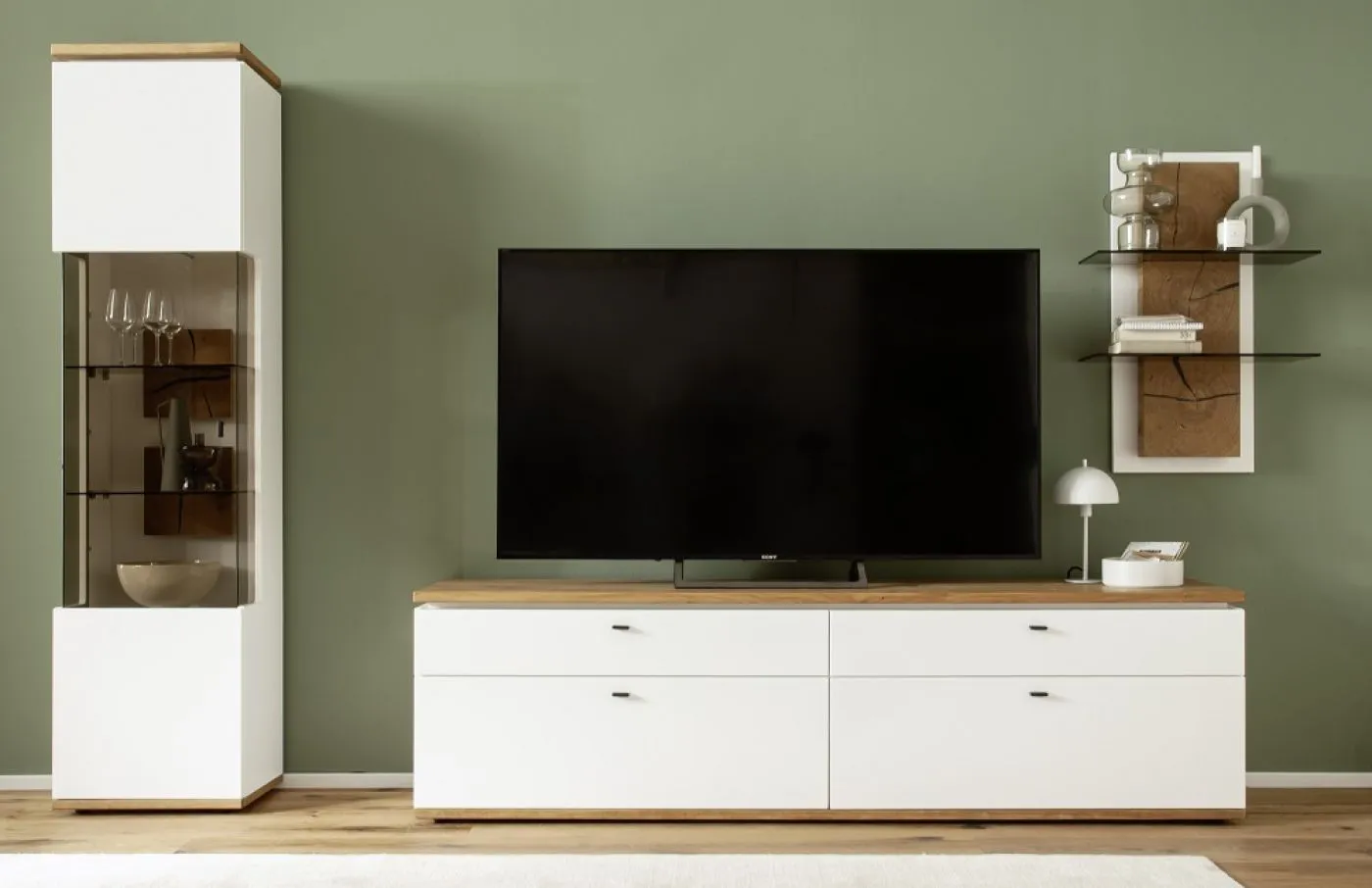 Wohnkombination Matadi | Soft white / Ast-Balkeneiche | 3-teilig | ohne Beleuchtung