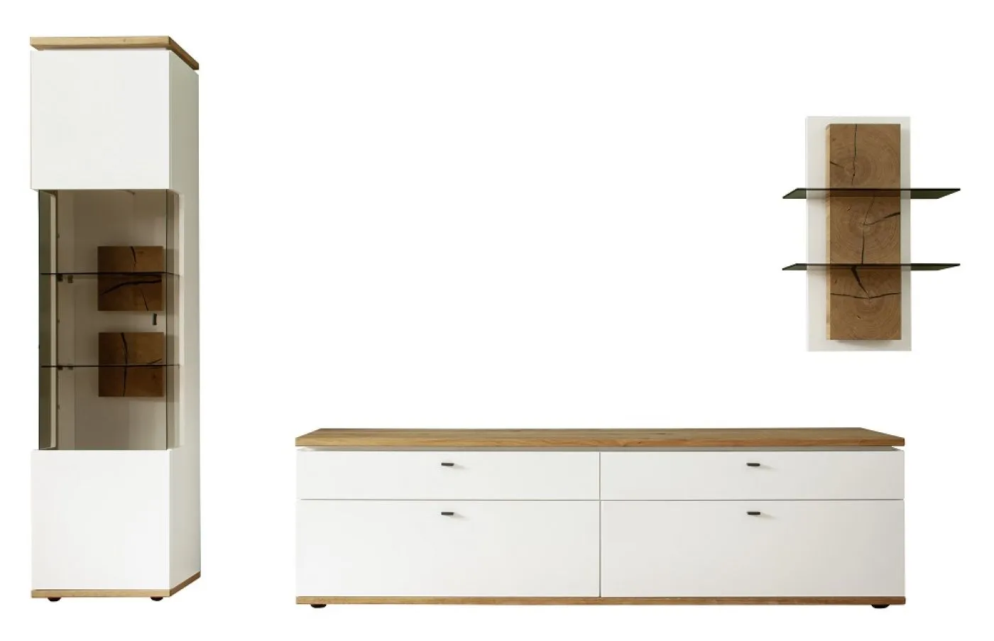 Wohnkombination Matadi | Soft white / Ast-Balkeneiche | 3-teilig | Wandregal mit Bandbeleuchtung