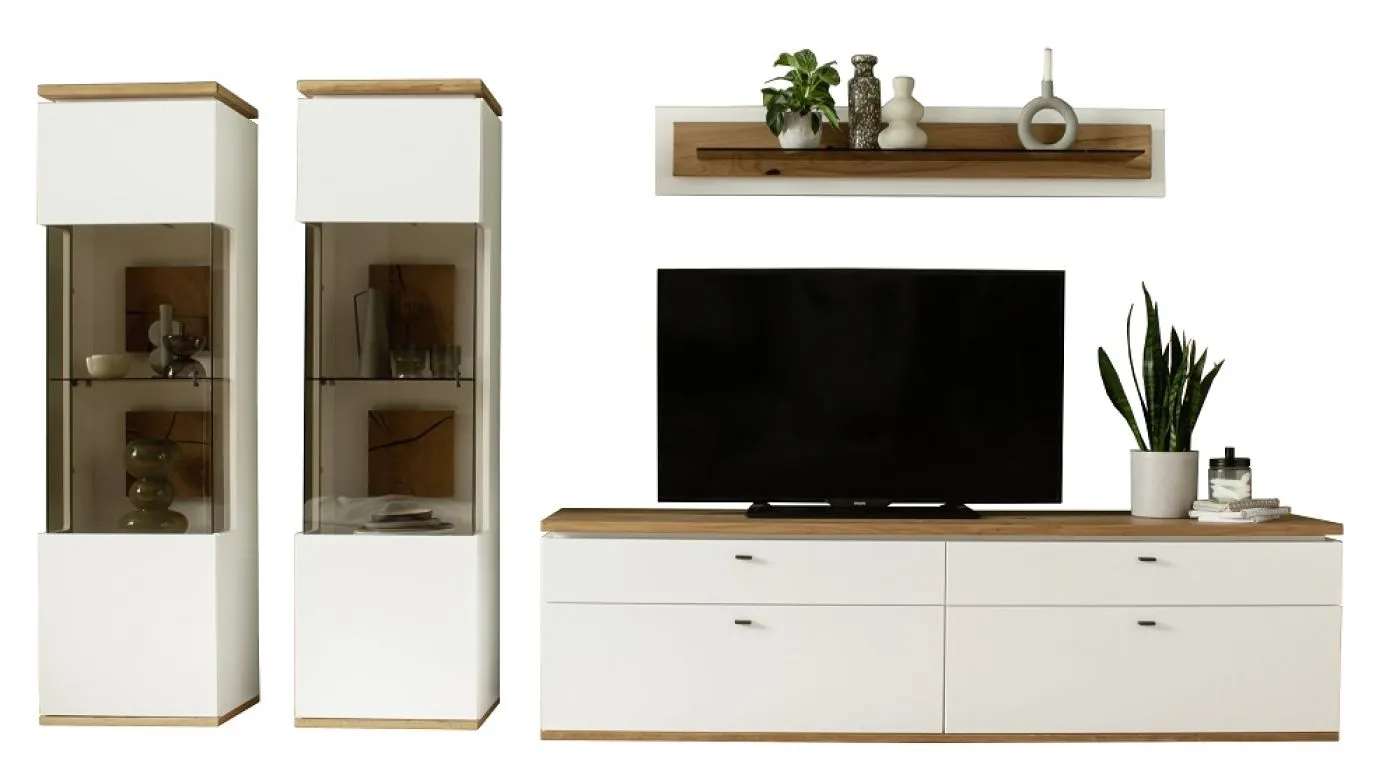 Wohnkombination Matadi | Soft white / Ast-Balkeneiche | 4-teilig | ohne Beleuchtung