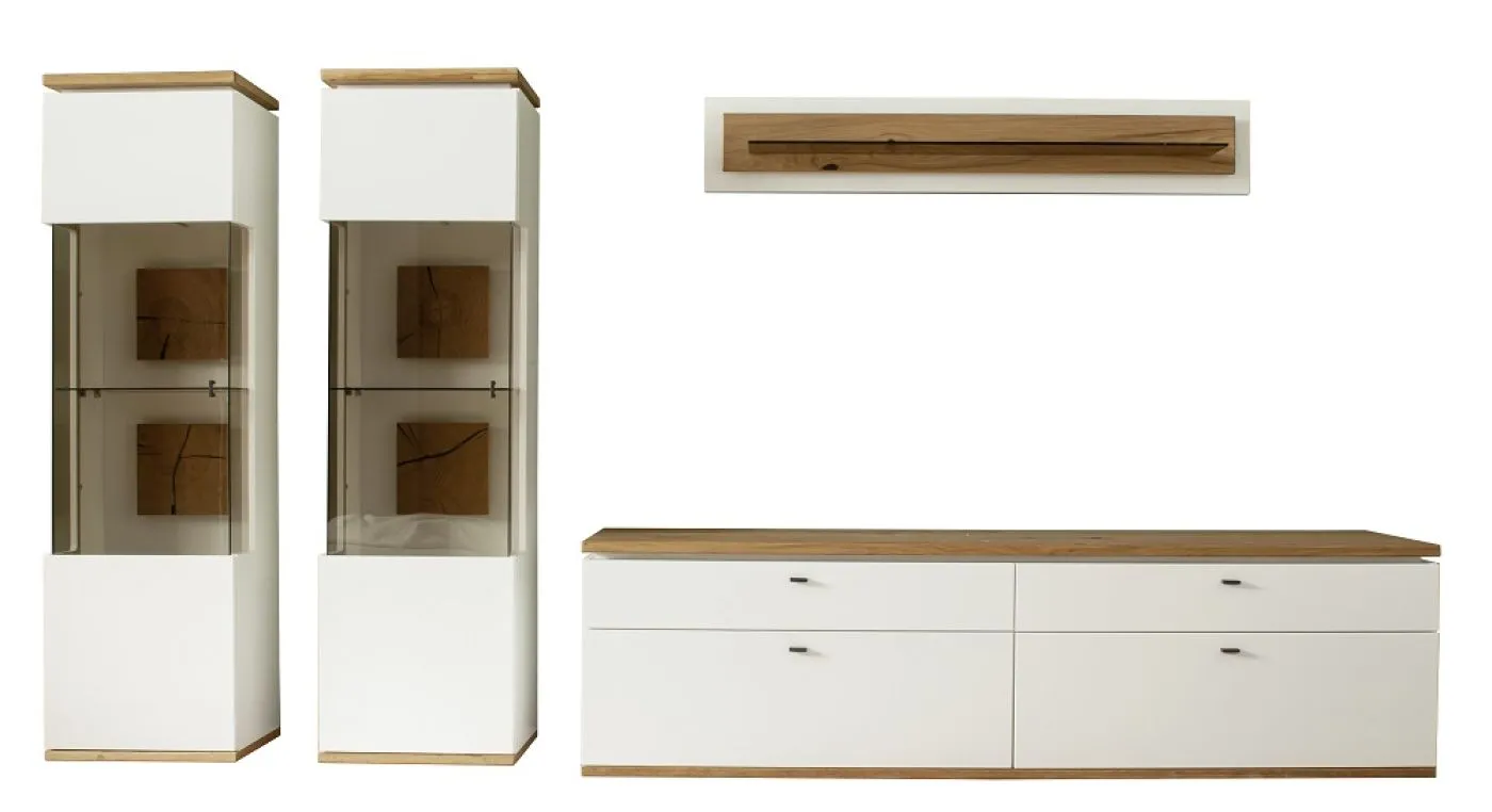 Wohnkombination Matadi | Soft white / Ast-Balkeneiche | 4-teilig | Wandboard & Vitrinen mit Bandbeleuchtung