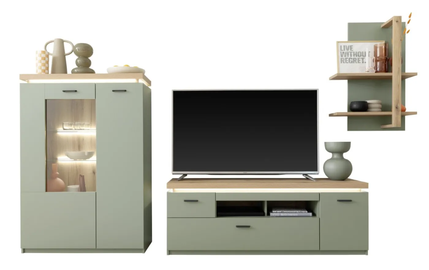 Wohnkombination Moniz 1 | Salbei grün / Eiche Evoke | 3-teilig | LED Beleuchtung