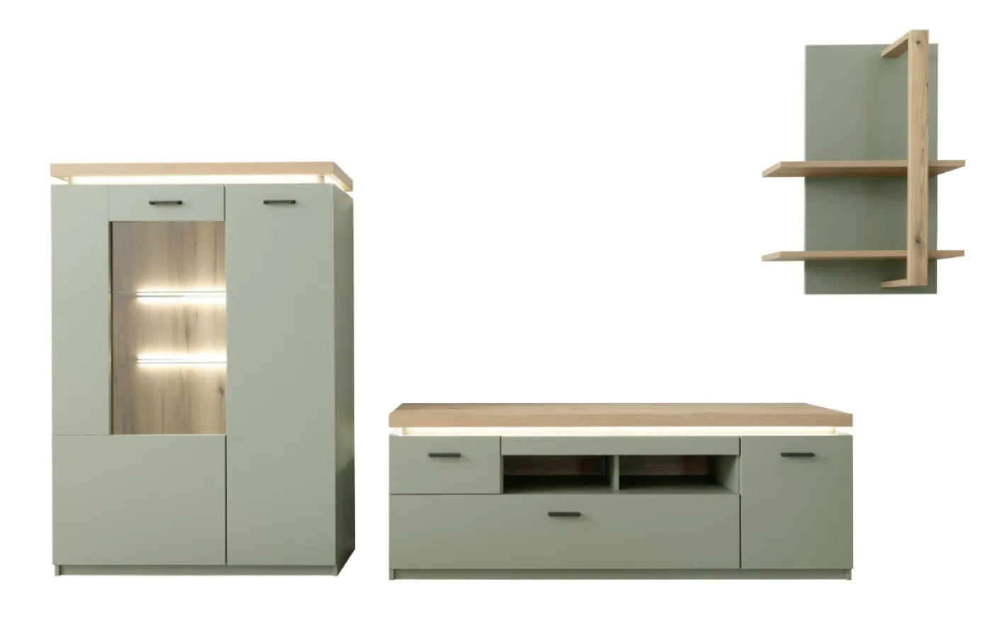 Wohnkombination Moniz 1 | Salbei grün / Eiche Evoke | 3-teilig | LED Beleuchtung