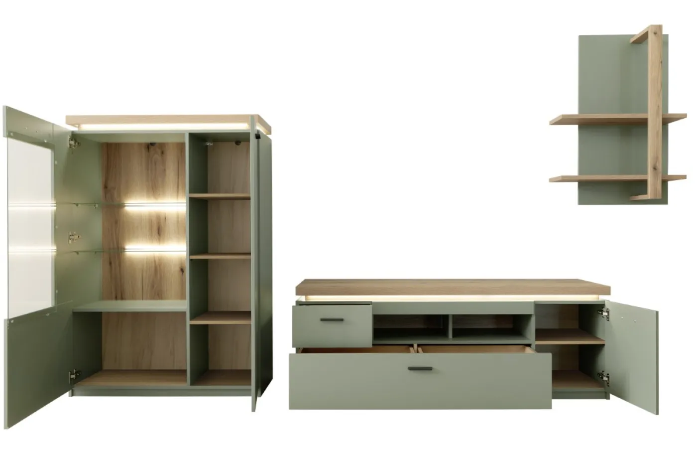 Wohnkombination Moniz 1 | Salbei grün / Eiche Evoke | 3-teilig | LED Beleuchtung