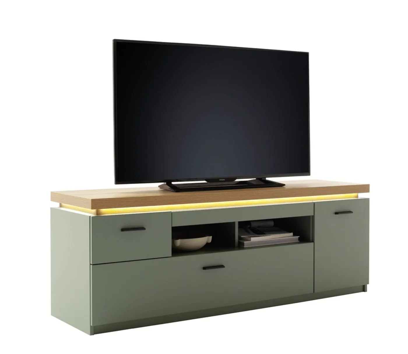 Wohnkombination Moniz 1 | Salbei grün / Eiche Evoke | 3-teilig | mit LED Beleuchtung
