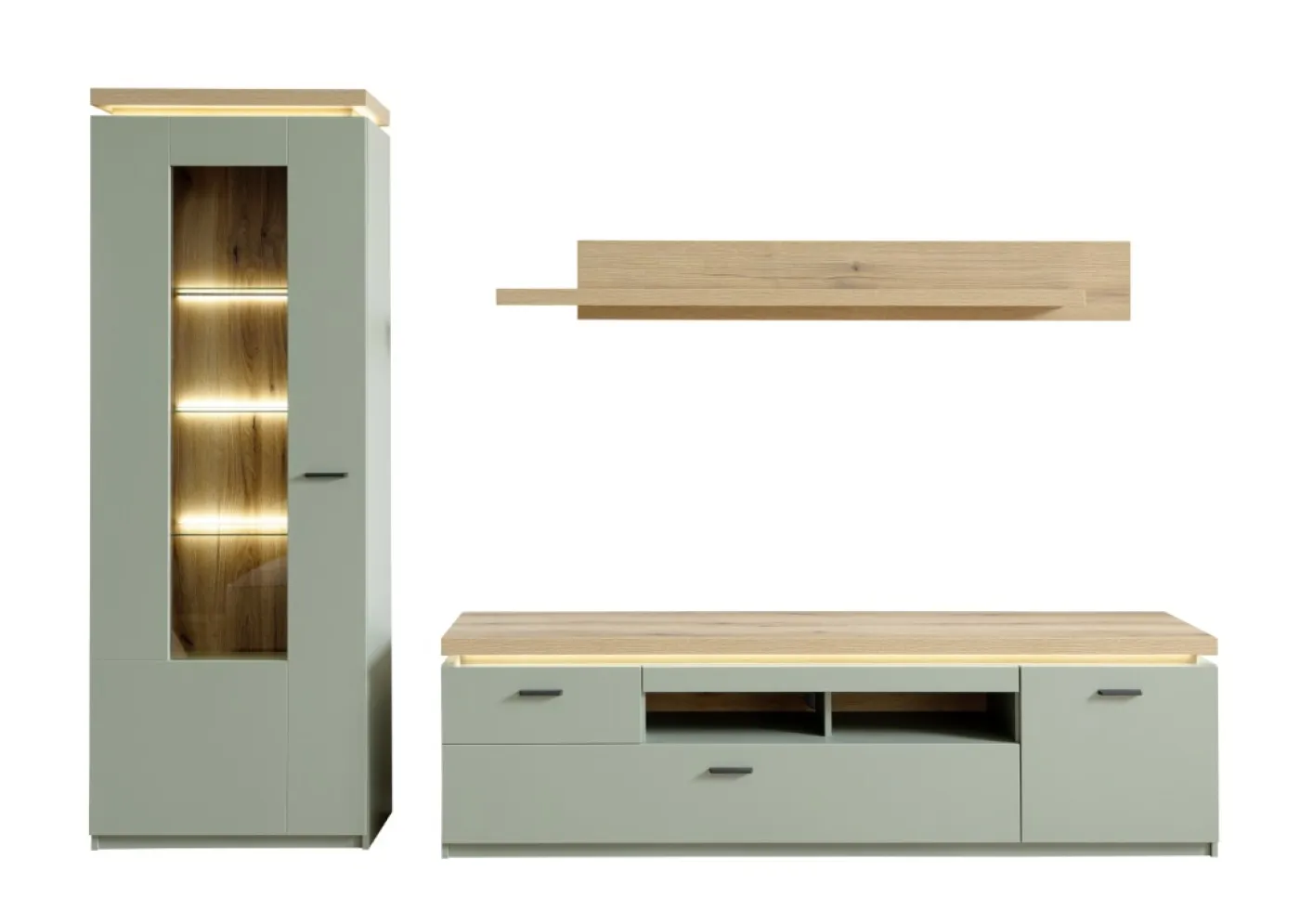 Wohnkombination Moniz | Salbei grün / Eiche Evoke | 3-teilig | mit LED Beleuchtung