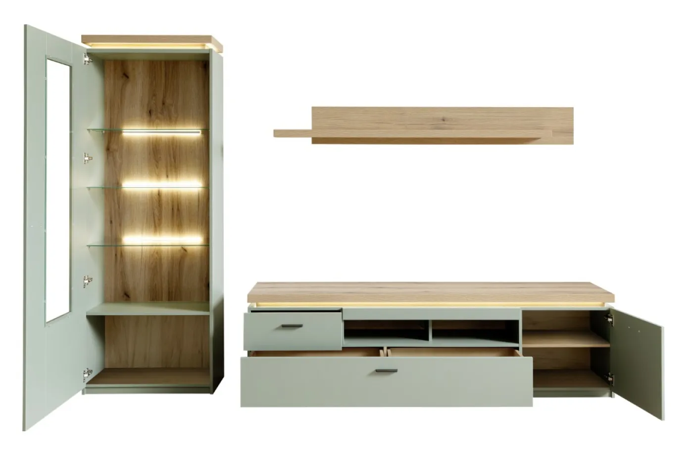 Wohnkombination Moniz | Salbei grün / Eiche Evoke | 3-teilig | mit LED Beleuchtung