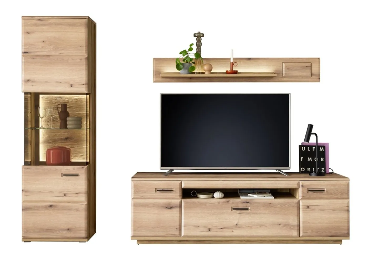 Wohnkombination Naxos, 3-teilig, im Wohnzimmer, mit Wandregal, TV-Lowboard und Vitrinenschrank mit Beleuchtung – Ansicht 3