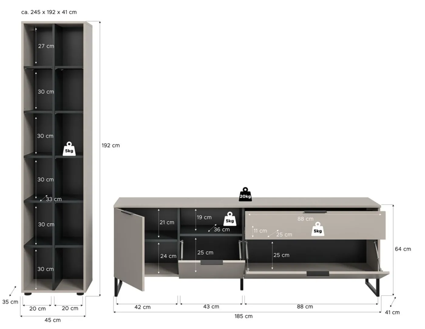 Wohnkombination Noida 1 | 2-teilig | Kaschmir / schwarz mit 2er Set LED Beleuchtung