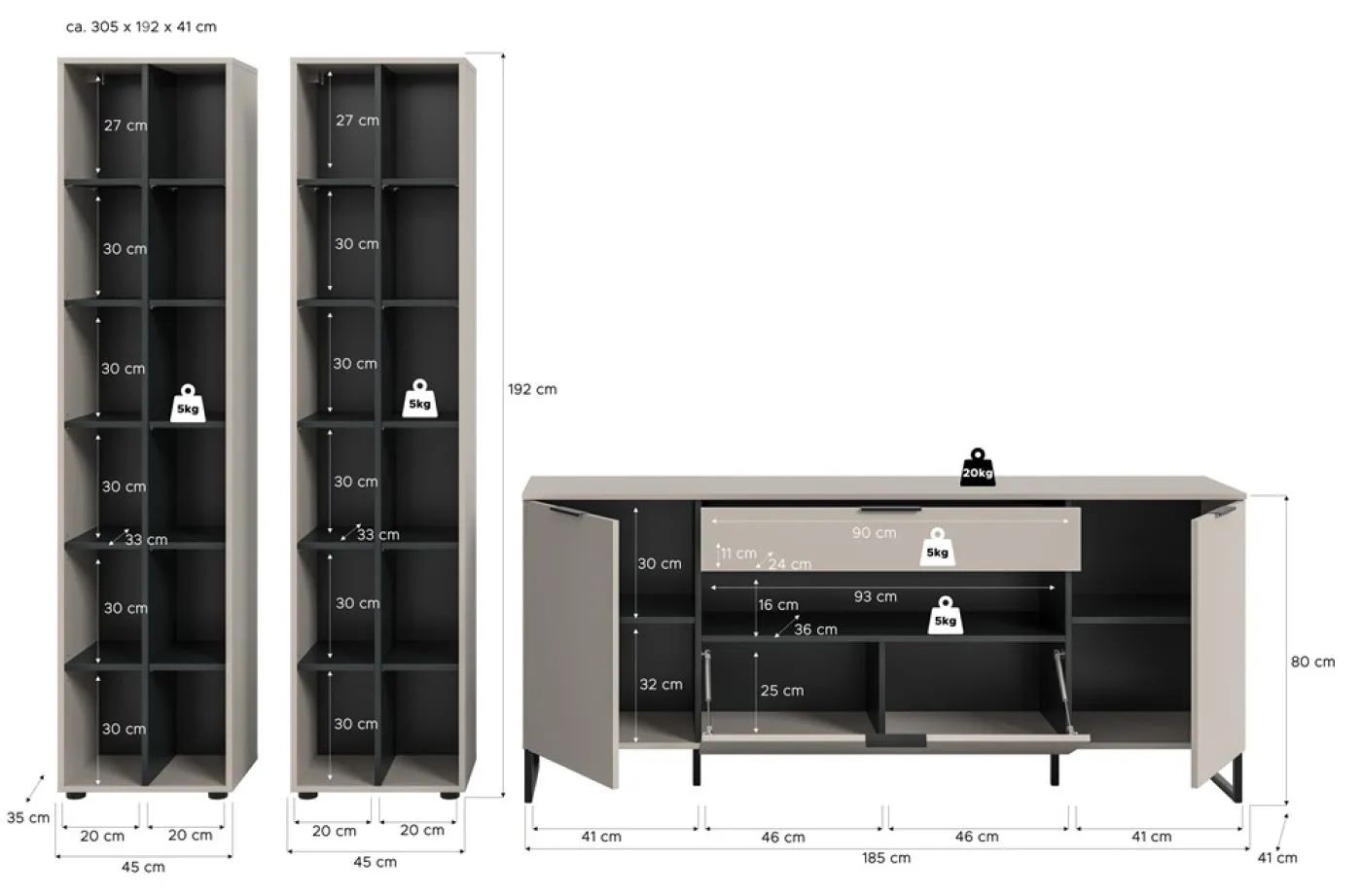 Wohnkombination Noida 1 | 3-teilig | Kaschmir / schwarz mit 2er Set LED Beleuchtung