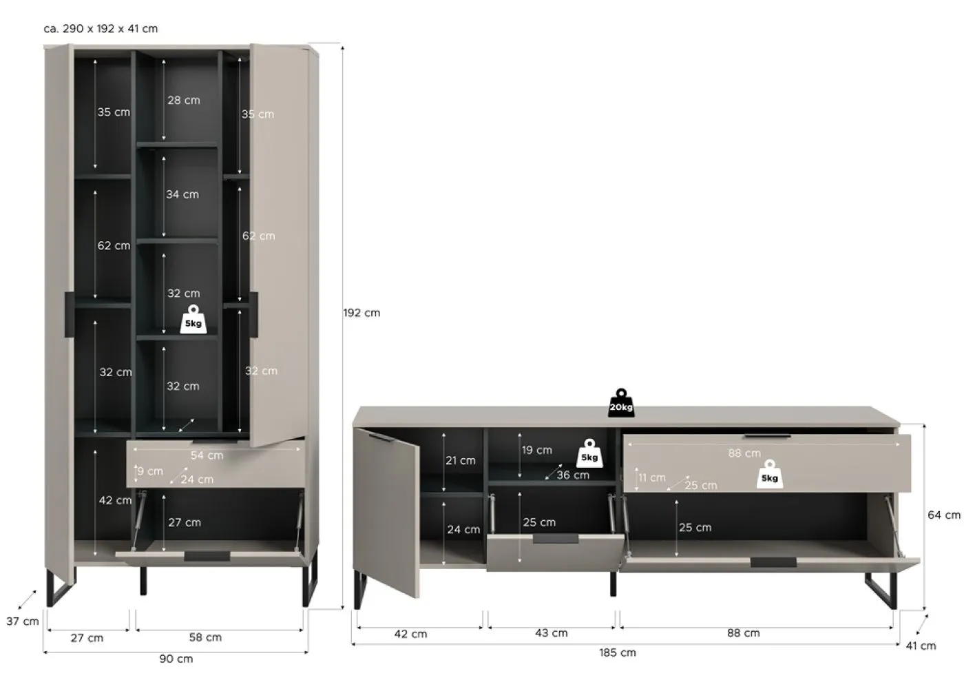 Wohnkombination Noida | 2-teilig | Kaschmir / schwarz mit 4er Set LED Beleuchtung