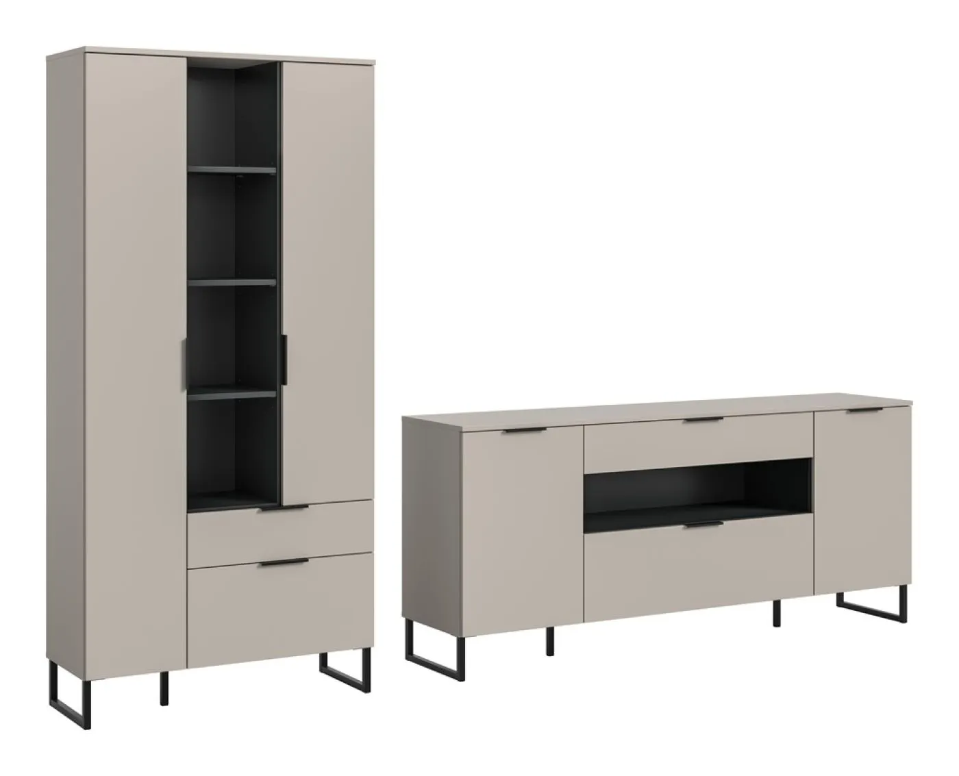 Wohnkombination Noida 3, 2-teilig, Kaschmir, schwarz, im Wohnzimmer, Lowboard mit offenen Fächern und Vitrine mit Glastür – Ansicht 2