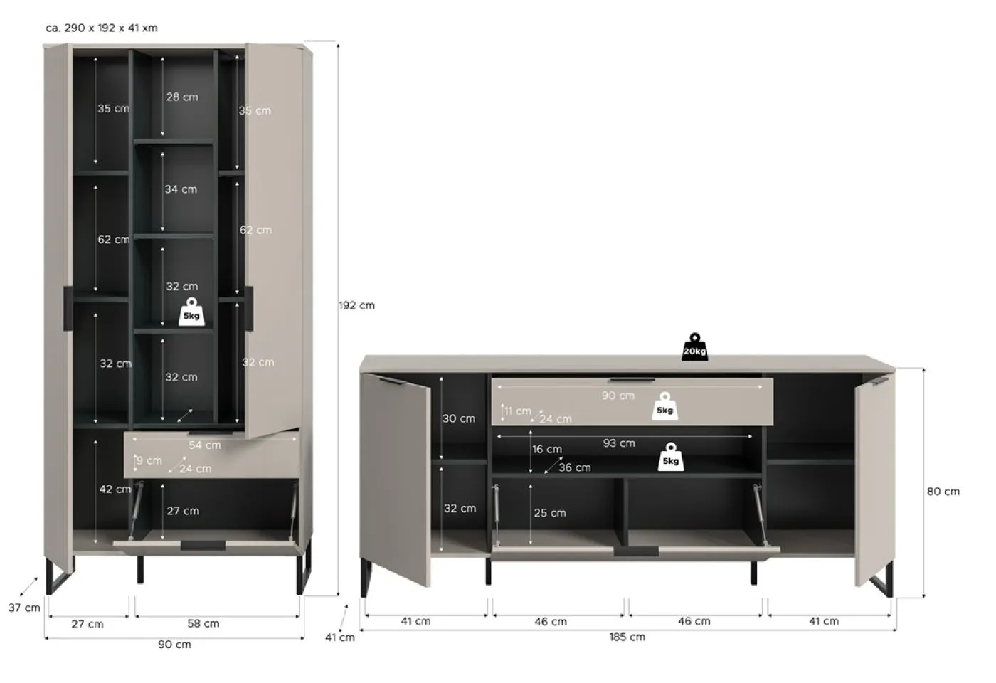 Wohnkombination Noida 3, 2-teilig, Kaschmir, schwarz, im Wohnzimmer, Lowboard mit offenen Fächern und Vitrine mit Glastür – Ansicht 4