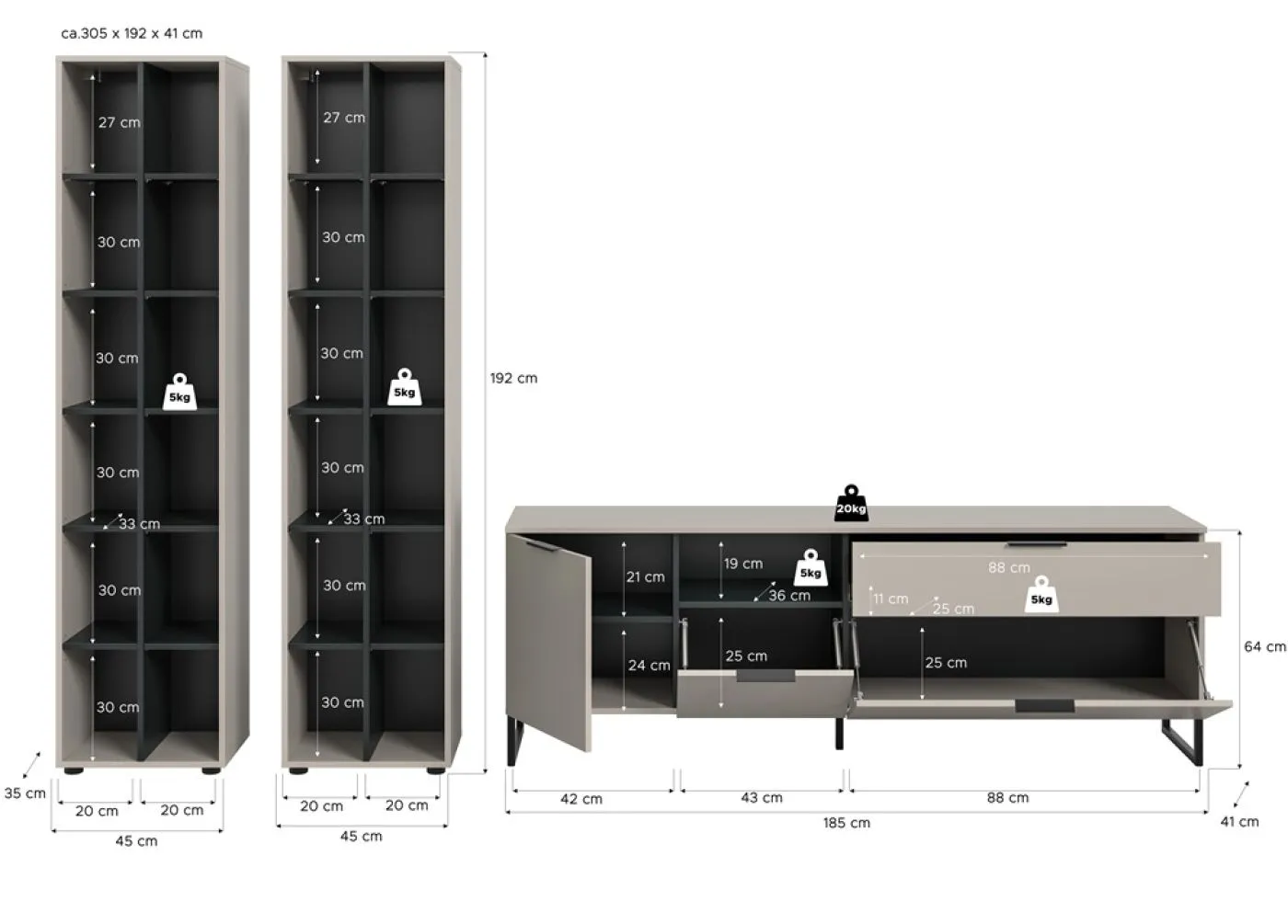 Wohnkombination Noida | 3-teilig | Kaschmir / schwarz mit 2er Set LED Beleuchtung