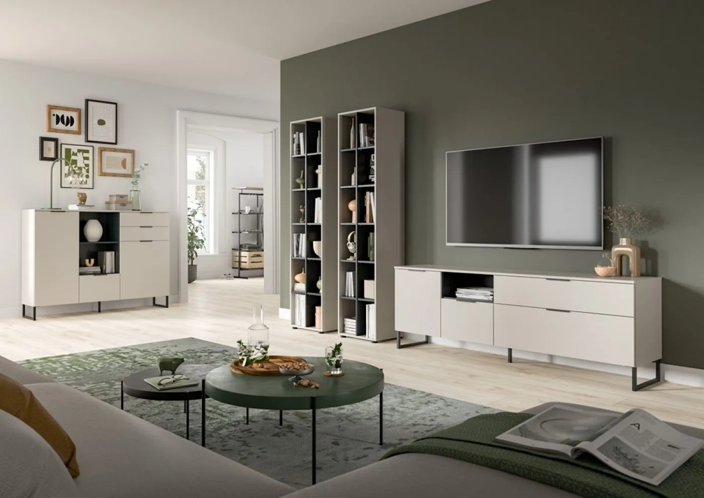 Wohnkombination Noida | 3-teilig | Kaschmir / schwarz mit 2er Set LED Beleuchtung