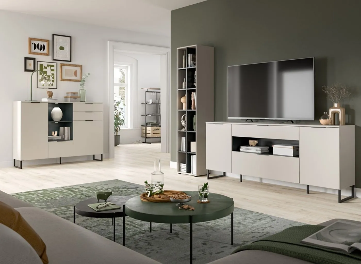 Wohnkombination Noida 4, 2-teilig, Regalwürfel mit 6 Fächern und TV-Lowboard mit offenen Fächern, Schubkästen, Metallfüße – Ansicht 7