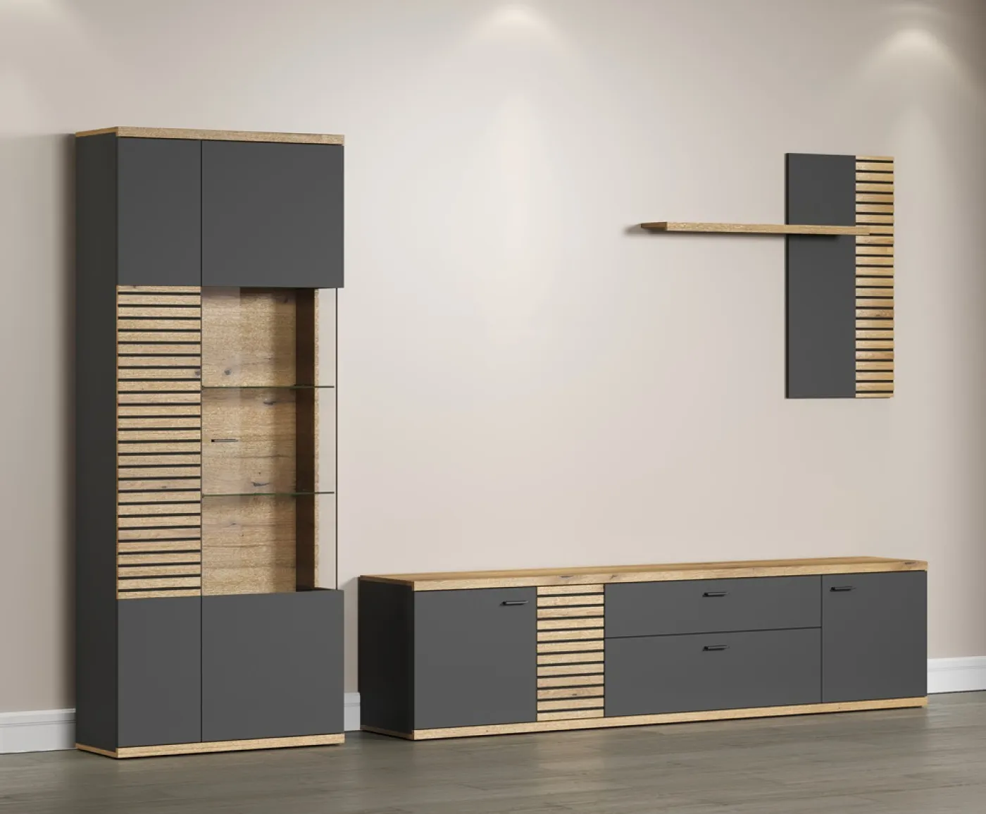 Wohnkombination Norris | grau / Coast Evoke Oak | 3-teilig | 2er Set LED Glasboden-Clips