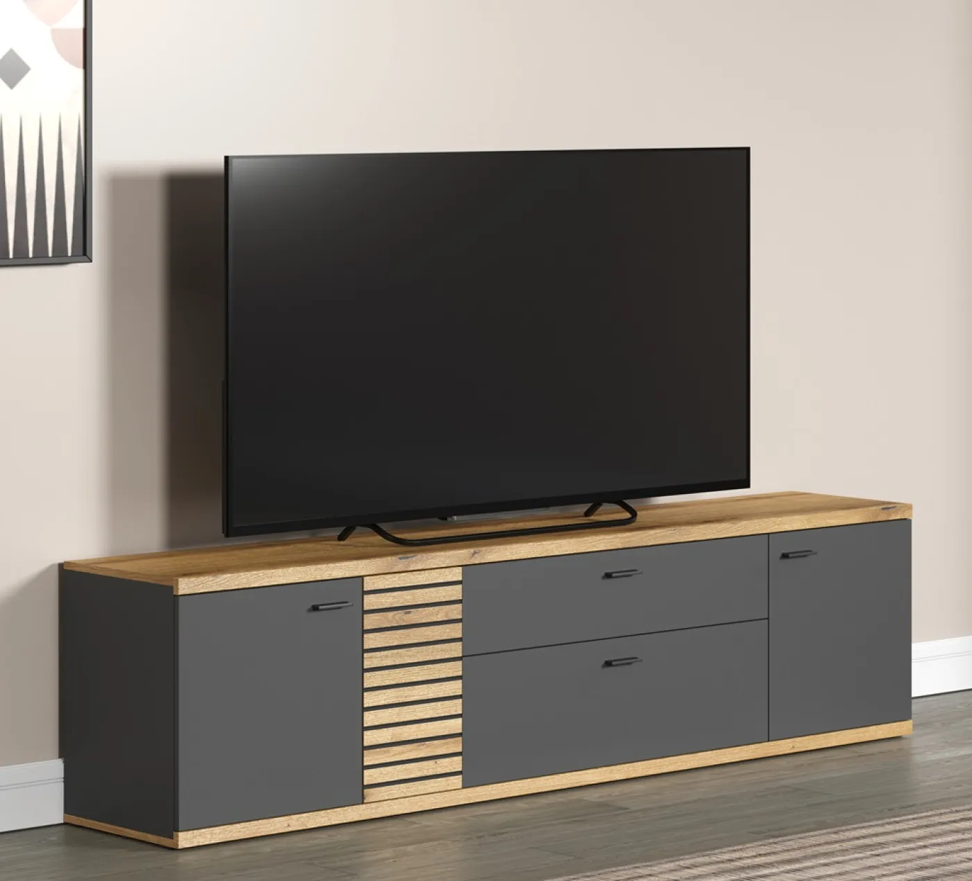 Wohnkombination Norris | grau / Coast Evoke Oak | 3-teilig | 2er Set LED Glasboden-Clips