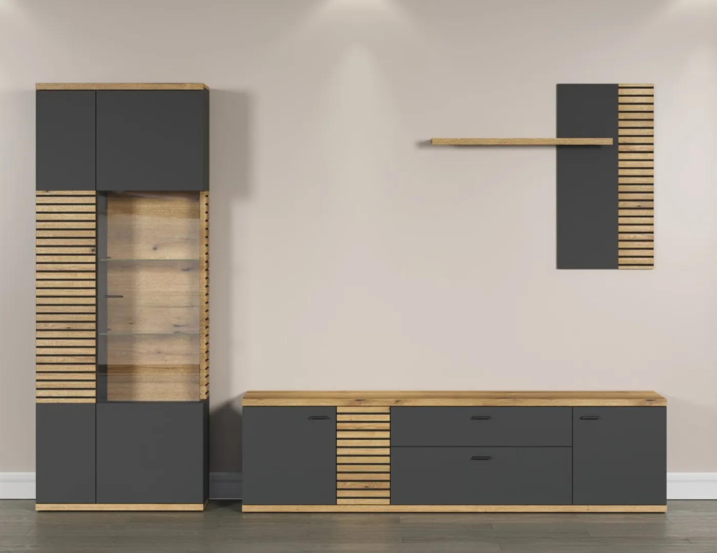 Wohnkombination Norris | grau / Coast Evoke Oak | 3-teilig | LED Beleuchtung