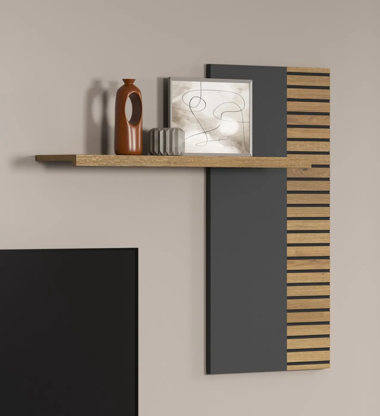 Wohnkombination Norris | grau / Coast Evoke Oak | 3-teilig | LED Beleuchtung