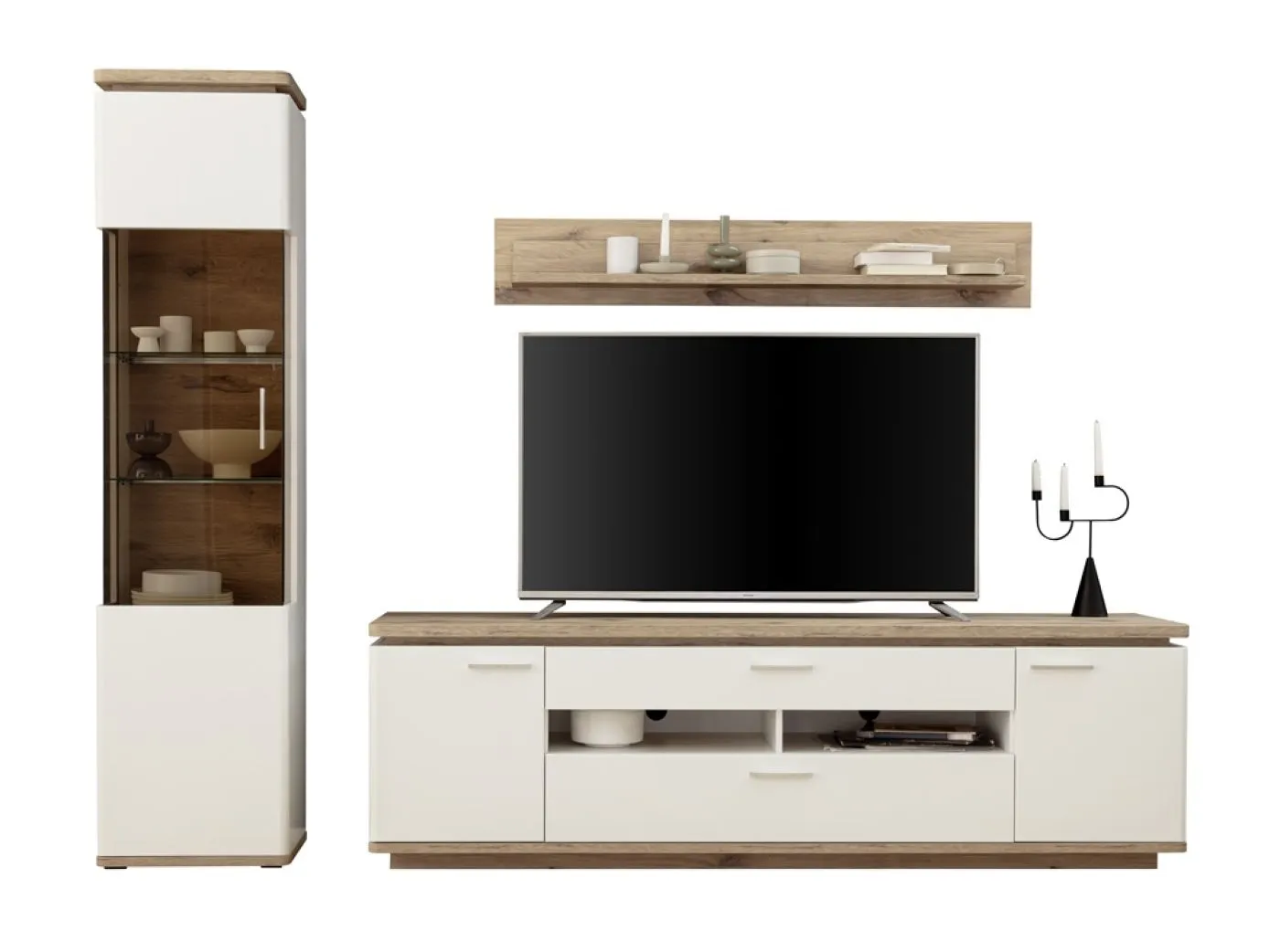 Wohnkombination Palermo 2 | Soft white / Viking Oak | 3-teilig | LED Beleuchtung