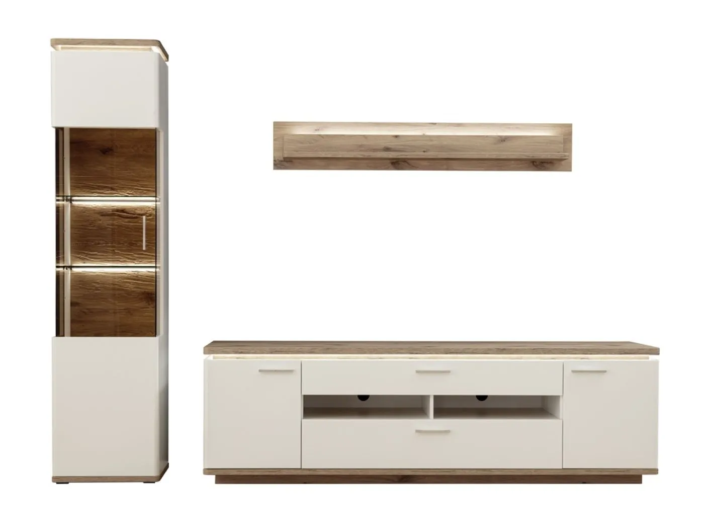 Wohnkombination Palermo 2 | Soft white / Viking Oak | 3-teilig | LED Beleuchtung