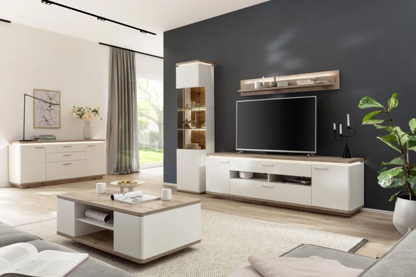 Wohnkombination Palermo 2 | Soft white / Viking Oak | 3-teilig | mit 135 cm Beleuchtung