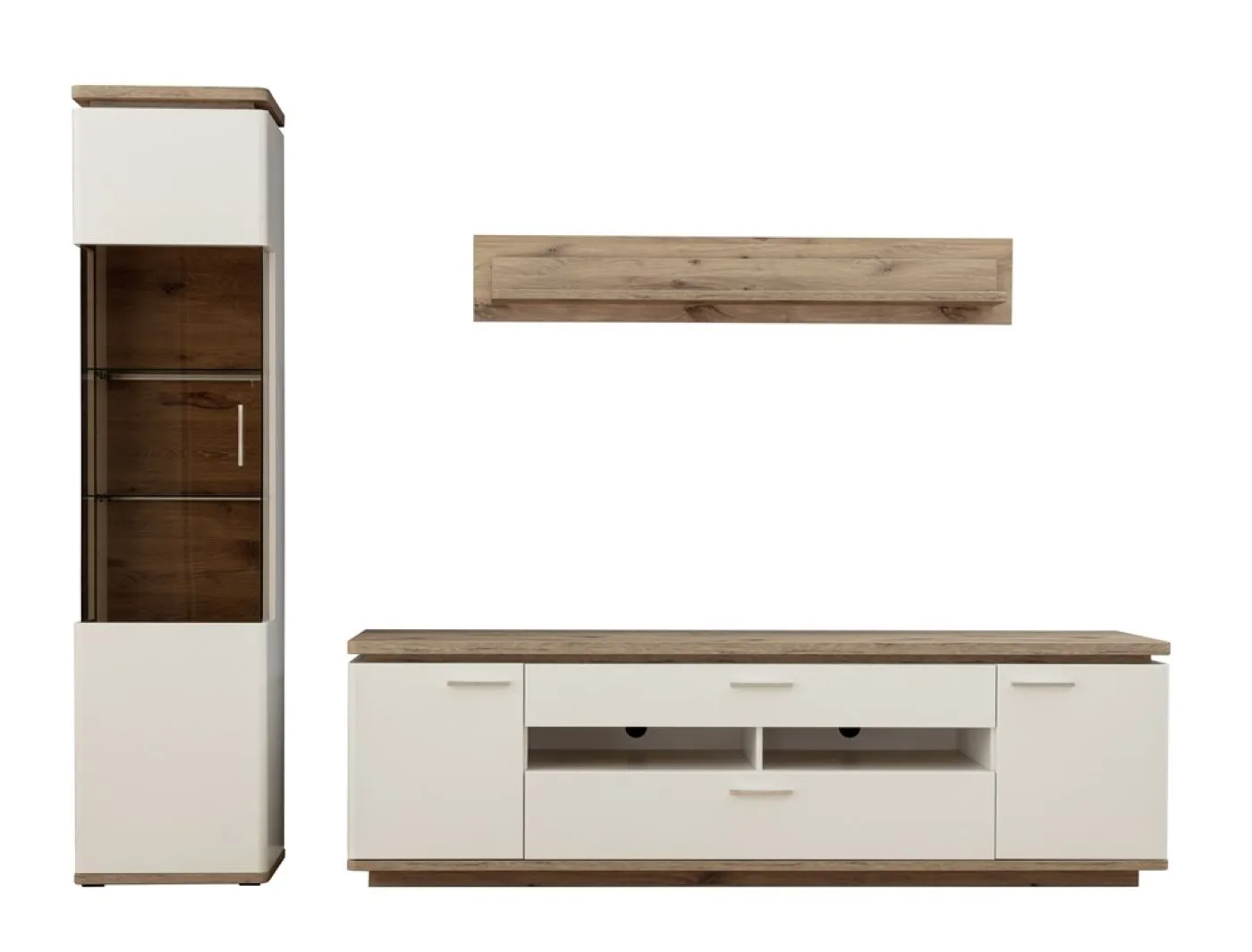Wohnkombination Palermo 2 | Soft white / Viking Oak | 3-teilig | mit 135 cm Beleuchtung